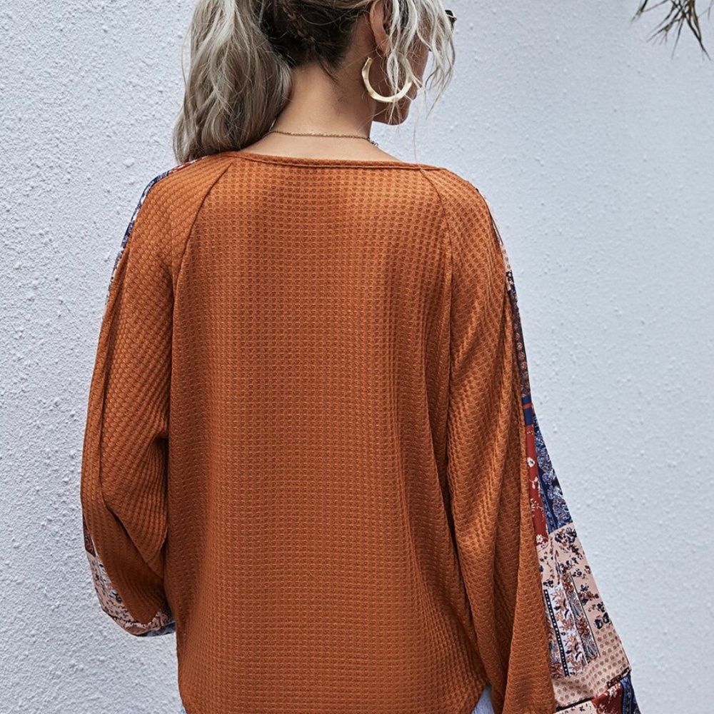 brown  v neck wide sleep waffle long sleeve top - Picture 15 of 16